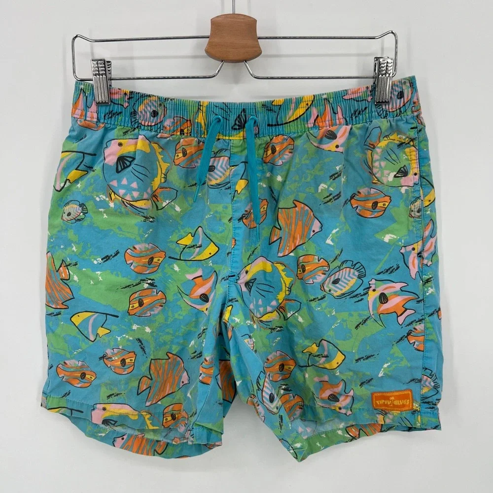 Tipsy Elves Mens Teal Tropical Fish Print Cotton Swim Trunks Size Medium M